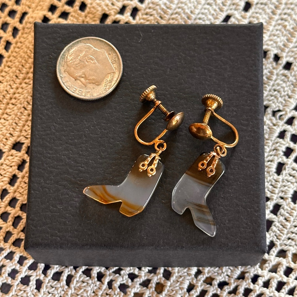 Vintage Agate Earrings In Cowboy Boot Design - Screw Back Handmade - C1950s